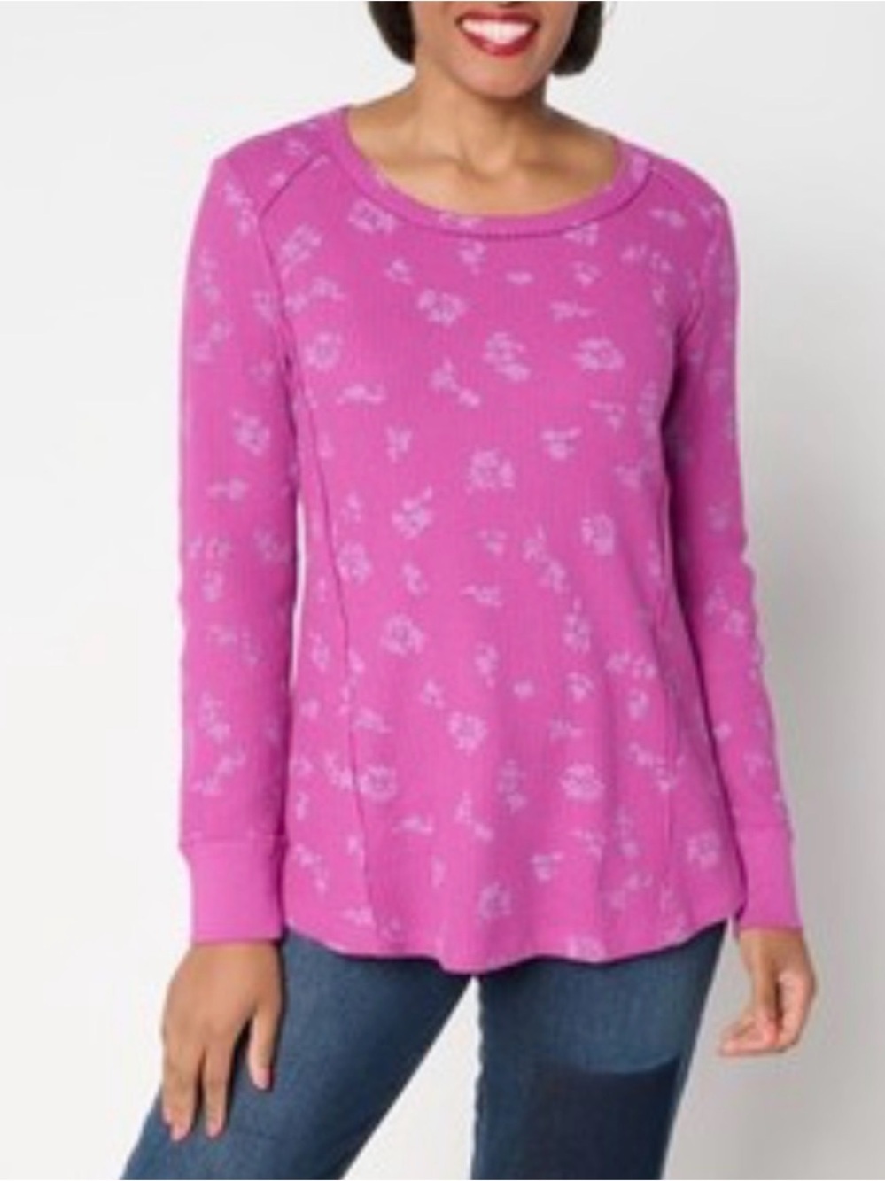 Lori Goldstein Printed Waffle Long Sleeve Top Pink Large NWT IN PACKAGE